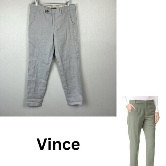 Vince Linen Trousers High Rise Slim Tapered Leg Pockets Linen Grey Pants 8 - Picture 2 of 10